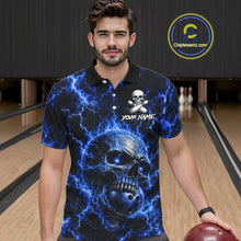 Load image into Gallery viewer, Man wearing blue skull thunder lightning bowling shirt custom bowling apparel