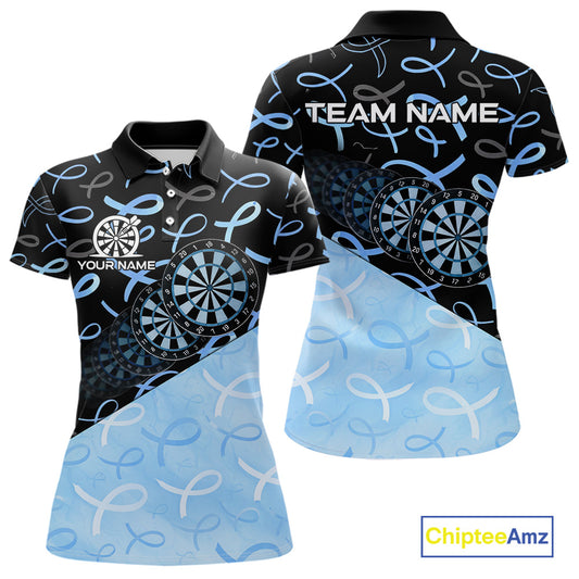 Blue Black Ribbon Women's Darts Polo Shirt Mockup, Prostate Cancer Awareness Dart Team Jersey, Personalized Charity Tournament Shirt