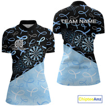 Load image into Gallery viewer, Blue Black Ribbon Women's Quarter-Zip Darts Shirt Mockup, Cancer Awareness Dart League Jersey, Personalized Tournament Apparel