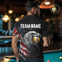 Load image into Gallery viewer, Male model wearing Custom US Flag Eagle billiard polo, personalized patriotic pool jersey, professional cue sports apparel, military appreciation tournament clothing, championship performance uniform, competitive team sportswear
