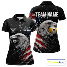 Load image into Gallery viewer, Custom US Flag Eagle women's 8 Ball &amp; 9 Ball billiard polo featuring patriotic American flag, soaring eagle and cue ball graphics, personalized pool team jersey, league apparel, cue sports performance shirt, veterans tournament uniform, moisture-wicking athletic polo