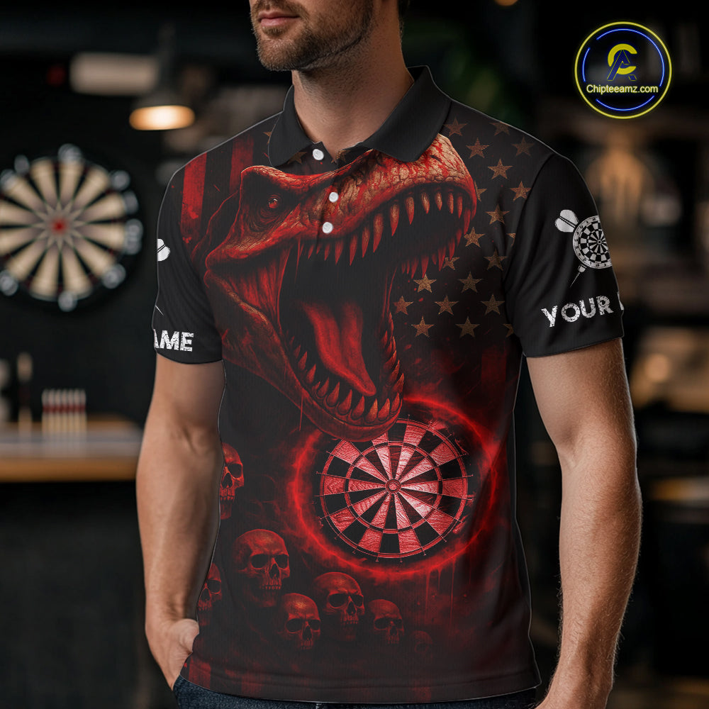 Custom Skull Red Dinosaur Flame Dartboard Polo Dart Shirt For Men, Dart Team Jerseys NYN1356