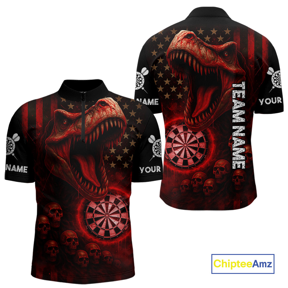 Custom Skull Red Dinosaur Flame Dartboard 1/4-Zip Dart Shirt For Men, Dart Team Jerseys NYN1356