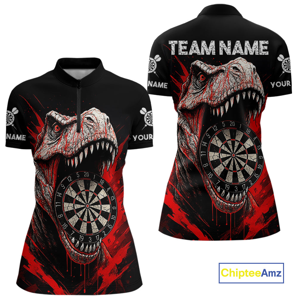 Custom Red Dinosaur Cracked Dartboard 1/4-Zip Dart Shirt For Women Grunge Dart Team Jerseys NYN1357