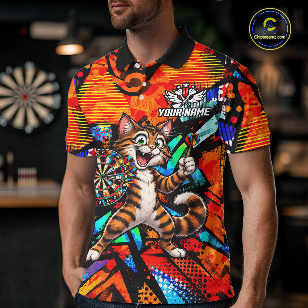 Personalized Tabby Cat Funny Darts Shirt For Men Orange Strike Geometric Dart Tournament Jerseys NYN4788