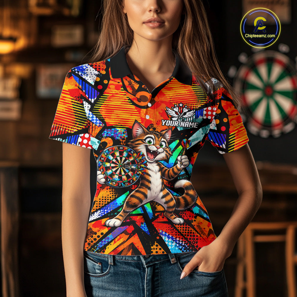 Personalized Tabby Cat Funny Darts Shirt For Women Orange Strike Geometric Dart Tournament Jerseys NYN4788
