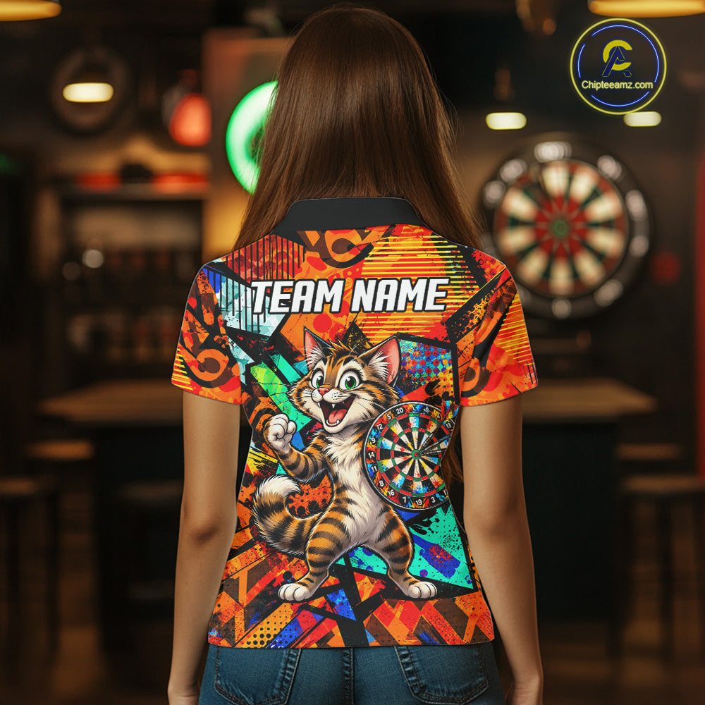 Personalized Tabby Cat Funny Darts Shirt For Women Orange Strike Geometric Dart Tournament Jerseys NYN4788