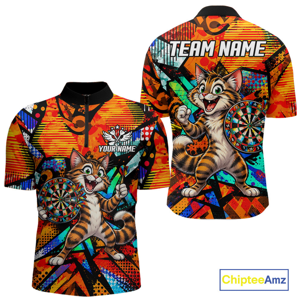 Personalized Tabby Cat Funny Darts Shirt For Men Orange Strike Geometric Dart Tournament Jerseys NYN4788