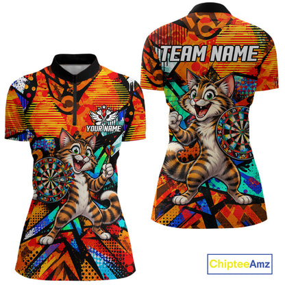 Personalized Tabby Cat Funny Darts Shirt For Women Orange Strike Geometric Dart Tournament Jerseys NYN4788