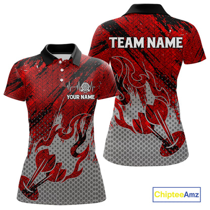 Custom Grunge Red And Grey Halftone Women Darts Polo Team Shirt Dart League Jerseys NYN2178