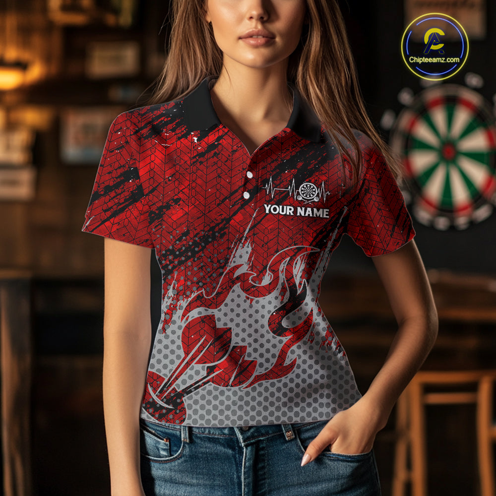 Custom Grunge Red And Grey Halftone Women Darts Polo Team Shirt Dart League Jerseys NYN2178