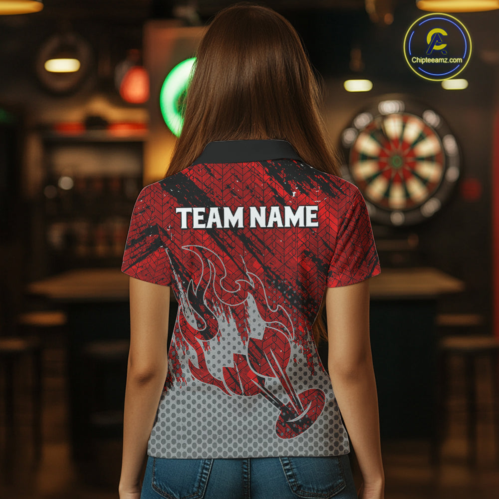 Custom Grunge Red And Grey Halftone Women Darts Polo Team Shirt Dart League Jerseys NYN2178