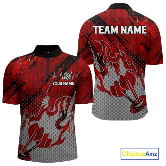 Custom Grunge Red And Grey Halftone Men Darts Quarter-Zip Team Shirt Dart League Jerseys NYN2178