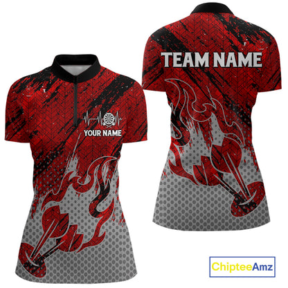 Custom Grunge Red And Grey Halftone Women Darts Quarter-Zip Team Shirt Dart League Jerseys NYN2178