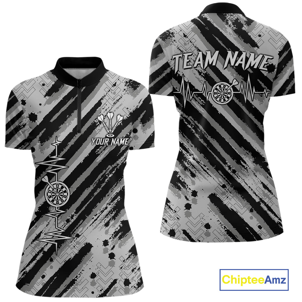 Custom Black Grey Grunge Streaks Skull Women Darts Quarter-Zip Team Shirt Skull Dart League Jerseys NYN2180