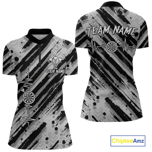Custom Black Grey Grunge Streaks Skull Women Darts Quarter-Zip Team Shirt Skull Dart League Jerseys NYN2180
