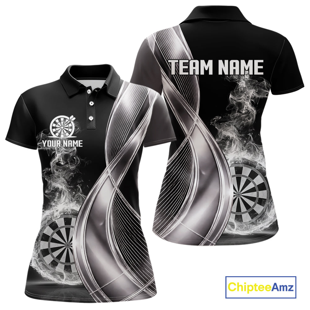 Black And Silver Darts Polo Shirts For Women Custom White Smoke Dartboard Dart Team Jerseys NYN2446