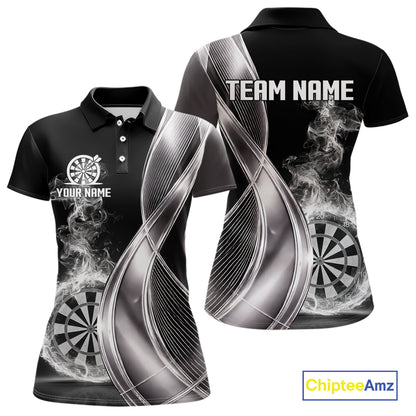 Black And Silver Darts Polo Shirts For Women Custom White Smoke Dartboard Dart Team Jerseys NYN2446