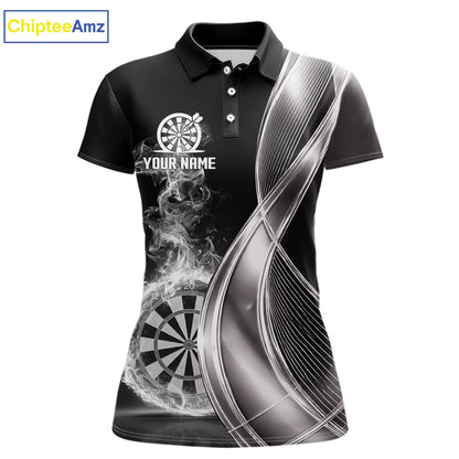 Black And Silver Darts Polo Shirts For Women Custom White Smoke Dartboard Dart Team Jerseys NYN2446