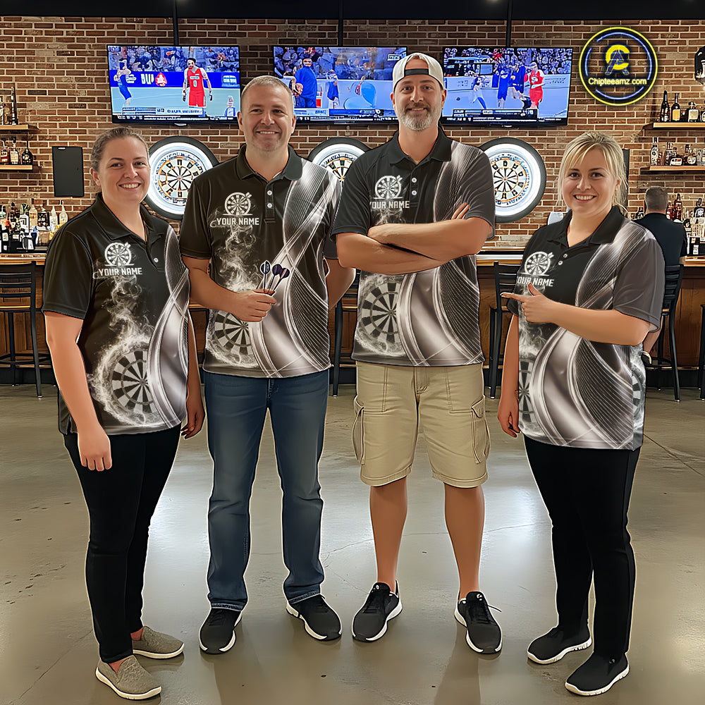 Black And Silver Darts 1/4-Zip Shirts For Men Custom White Smoke Dartboard Dart Team Jerseys NYN2446