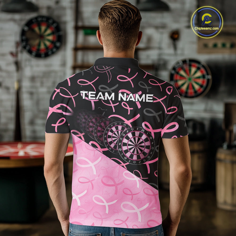 Pink Black Ribbon Blur Dartboard Custom Breast Cancer Awareness Dart Polo Team Shirt For Men NYN2450