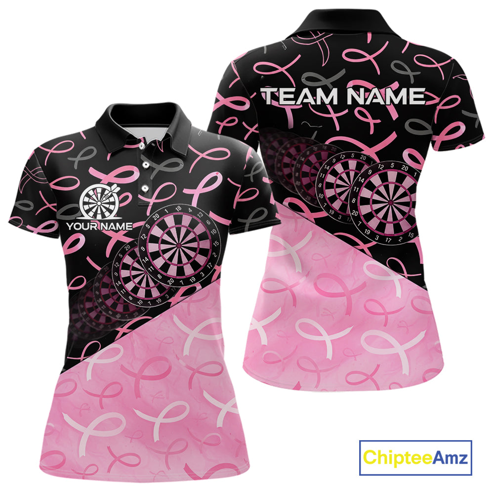 Pink Black Ribbon Blur Dartboard Custom Breast Cancer Awareness Dart Polo Team Shirt For Women NYN2450