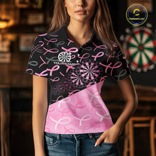 Load image into Gallery viewer, Pink Black Ribbon Blur Dartboard Custom Breast Cancer Awareness Dart Polo Team Shirt For Women NYN2450