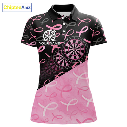 Pink Black Ribbon Blur Dartboard Custom Breast Cancer Awareness Dart Polo Team Shirt For Women NYN2450