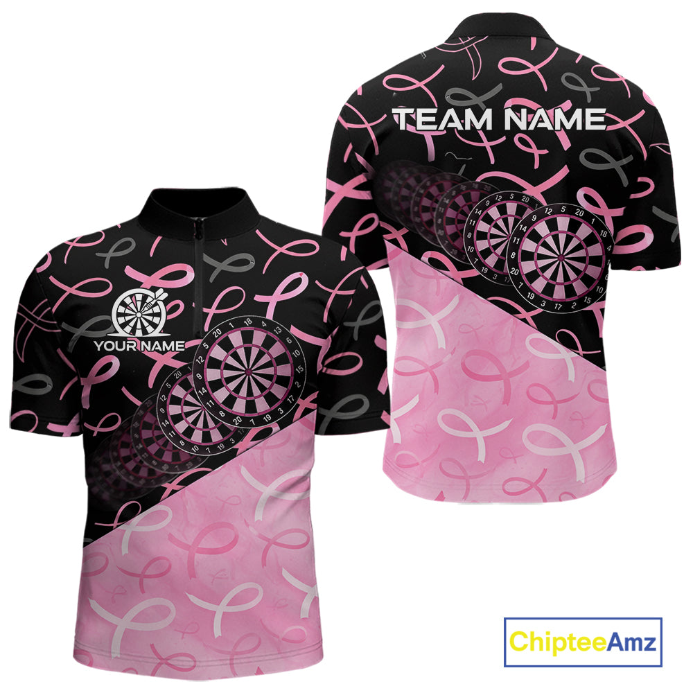 Pink Black Ribbon Blur Dartboard Custom Breast Cancer Awareness Dart 1/4-Zip Team Shirt For Men NYN2450