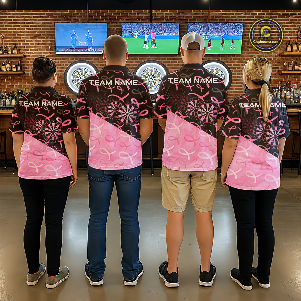 Pink Black Ribbon Blur Dartboard Custom Breast Cancer Awareness Dart Polo Team Shirt For Men NYN2450