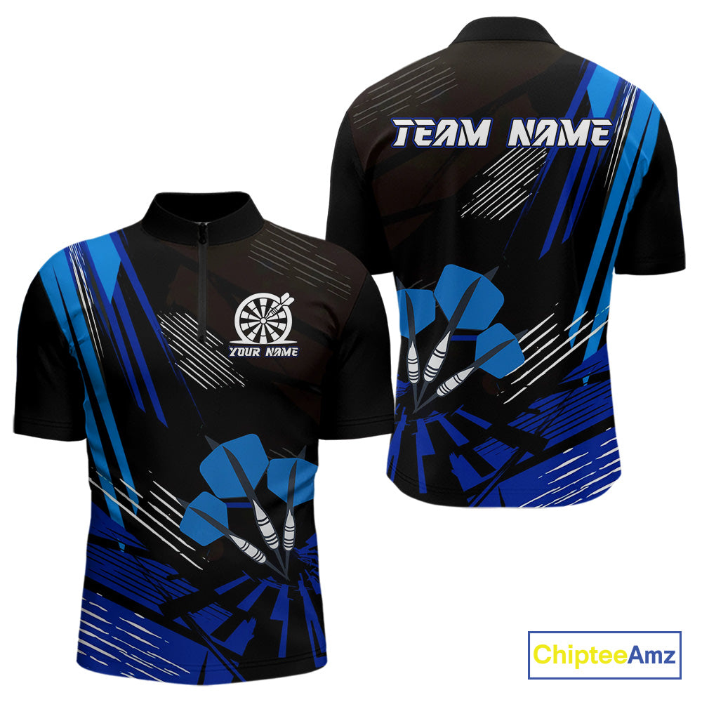 Blue Dart Arrows Grunge Dartboard Men's Darts Shirt - Custom Name For Players NYN0513