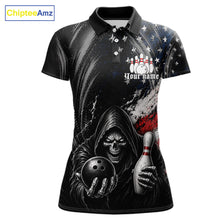 Load image into Gallery viewer, Custom Grim Reaper Patriotic Bowling Shirts Womens American Flag Bowling Polo Quarter-Zip Team Jersey NYN3760