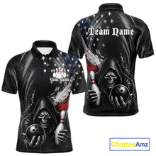 Load image into Gallery viewer, Custom Grim Reaper Patriotic Bowling Shirts Mens American Flag Bowling Polo Quarter-Zip Team Jersey NYN3760