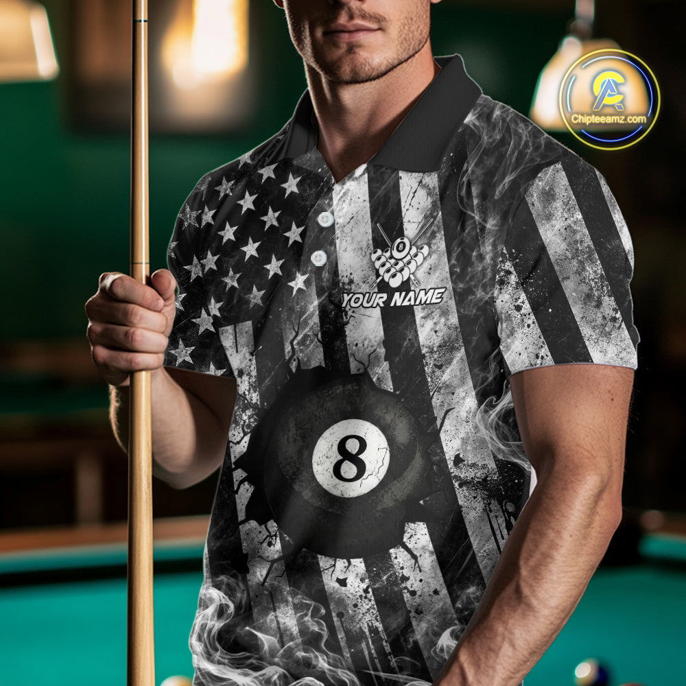 Smoke US Flag Patriotic Billiard Shirt For Men Custom Cracked 8 Ball & 9 Ball Pool Team Jerseys NYN4061