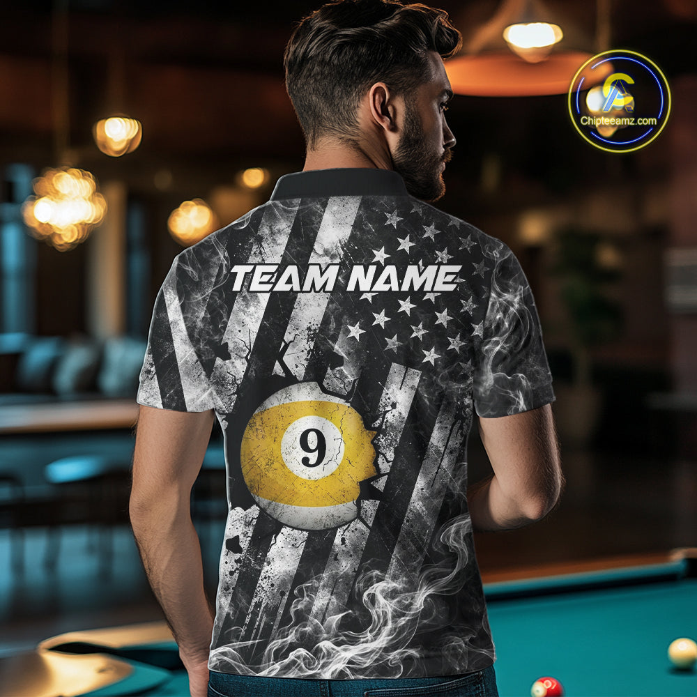 Smoke US Flag Patriotic Billiard Shirt For Men Custom Cracked 8 Ball & 9 Ball Pool Team Jerseys NYN4061