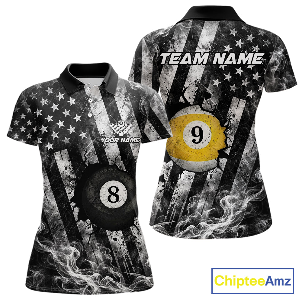 Smoke US Flag Patriotic Billiard Shirt For Women Custom Cracked 8 Ball & 9 Ball Pool Team Jerseys NYN4061