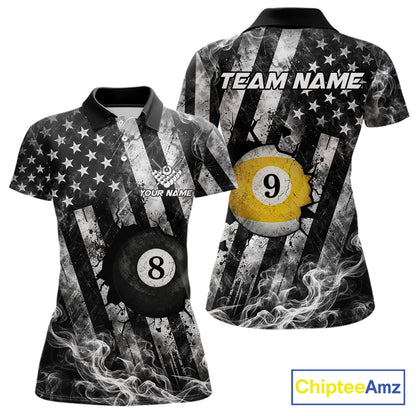 Smoke US Flag Patriotic Billiard Shirt For Women Custom Cracked 8 Ball & 9 Ball Pool Team Jerseys NYN4061