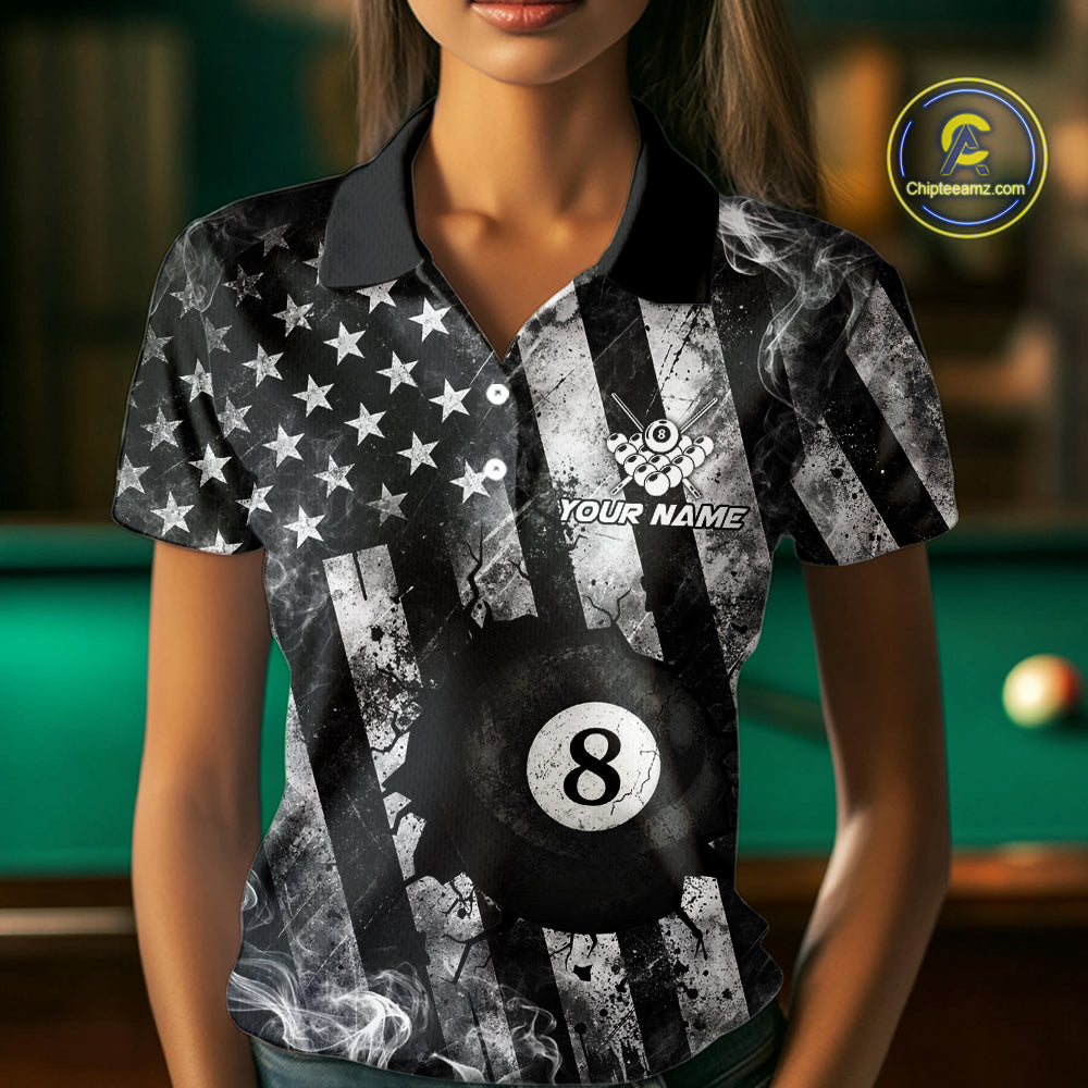 Smoke US Flag Patriotic Billiard Shirt For Women Custom Cracked 8 Ball & 9 Ball Pool Team Jerseys NYN4061
