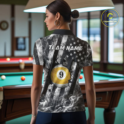 Smoke US Flag Patriotic Billiard Shirt For Women Custom Cracked 8 Ball & 9 Ball Pool Team Jerseys NYN4061