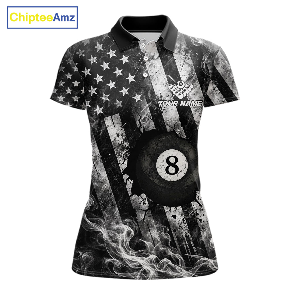 Smoke US Flag Patriotic Billiard Shirt For Women Custom Cracked 8 Ball & 9 Ball Pool Team Jerseys NYN4061