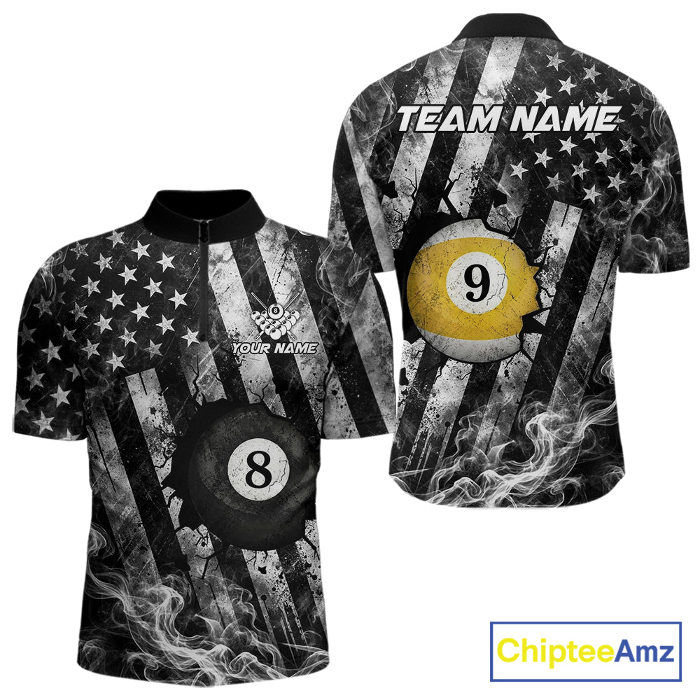 Smoke US Flag Patriotic Billiard Shirt For Men Custom Cracked 8 Ball & 9 Ball Pool Team Jerseys NYN4061
