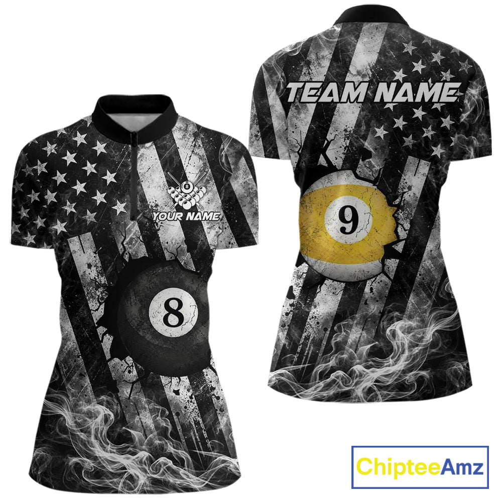 Smoke US Flag Patriotic Billiard Shirt For Women Custom Cracked 8 Ball & 9 Ball Pool Team Jerseys NYN4061