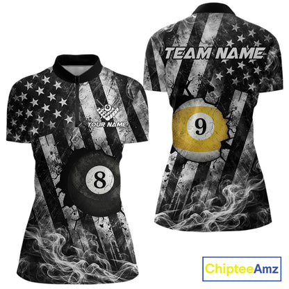 Smoke US Flag Patriotic Billiard Shirt For Women Custom Cracked 8 Ball & 9 Ball Pool Team Jerseys NYN4061