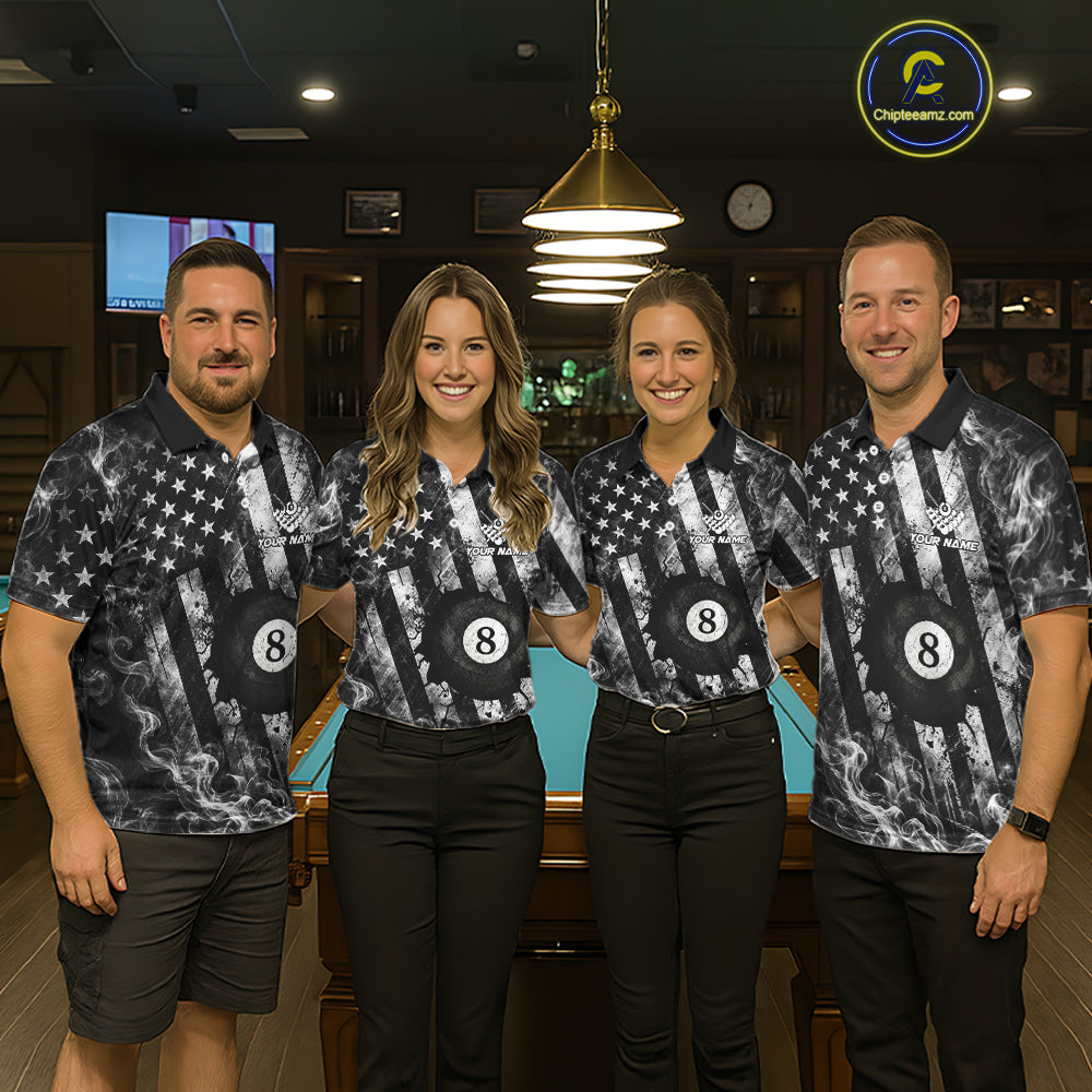 Smoke US Flag Patriotic Billiard Shirt For Men Custom Cracked 8 Ball & 9 Ball Pool Team Jerseys NYN4061