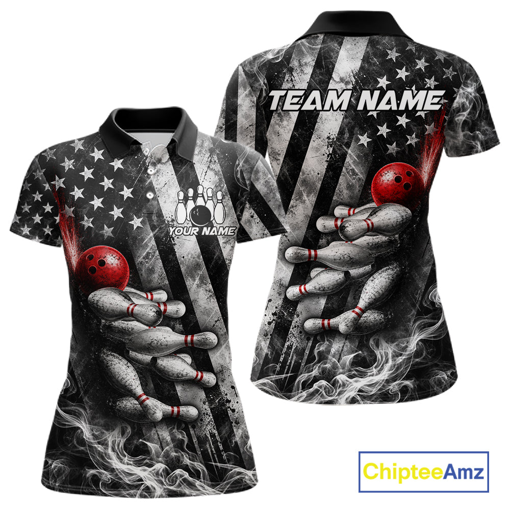 Smoke US Flag Patriotic Bowling Shirt For Women Custom Red Grunge Strike Bowling Team Jerseys NYN4062