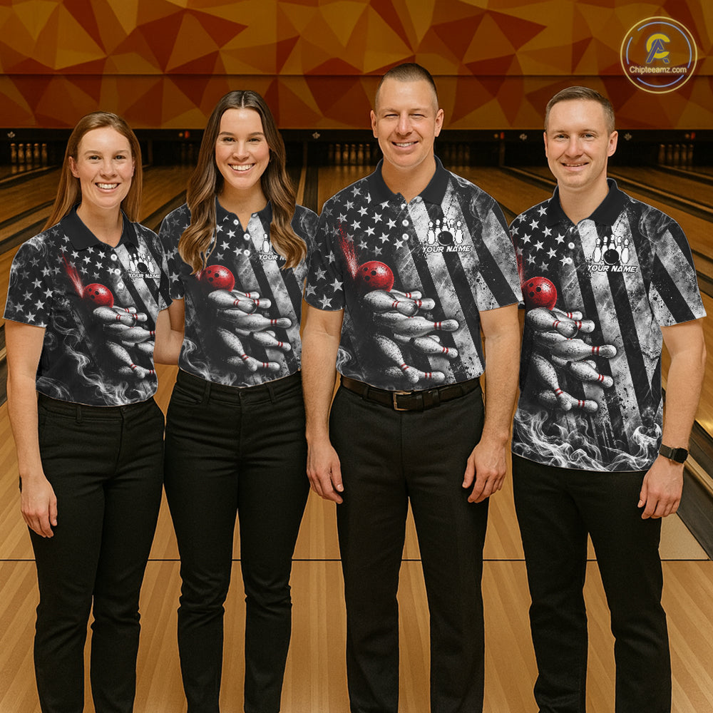 Smoke US Flag Patriotic Bowling Shirt For Women Custom Red Grunge Strike Bowling Team Jerseys NYN4062