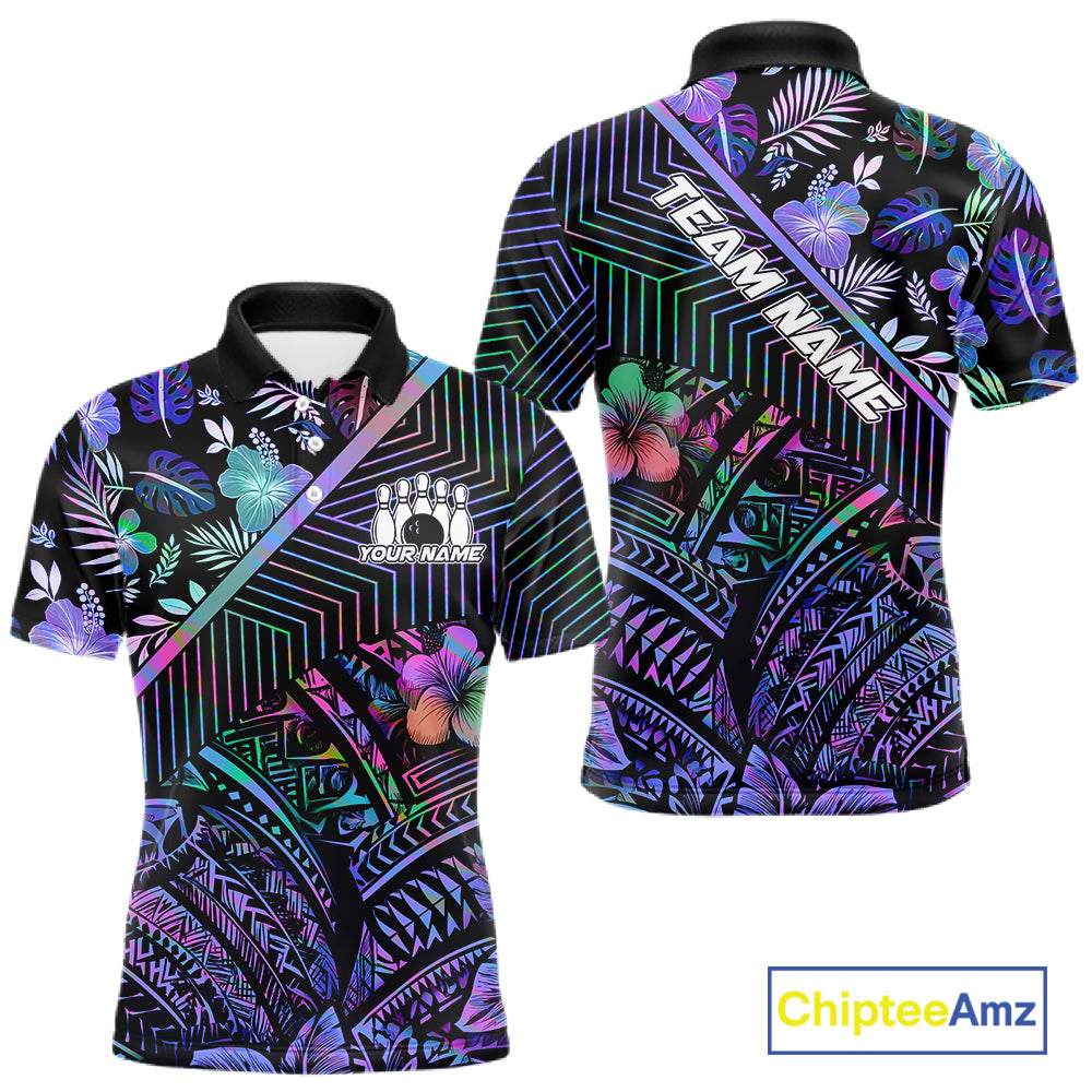 Holographic Rainbow Tribal Pattern Bowling Polo, 1/4 Zip Shirts For Men Custom Team Bowling Jersey NYN4403