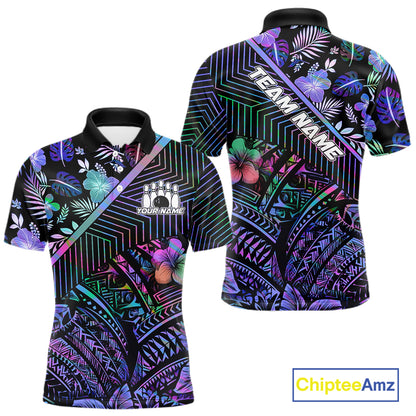 Holographic Rainbow Tribal Pattern Bowling Polo, 1/4 Zip Shirts For Men Custom Team Bowling Jersey NYN4403