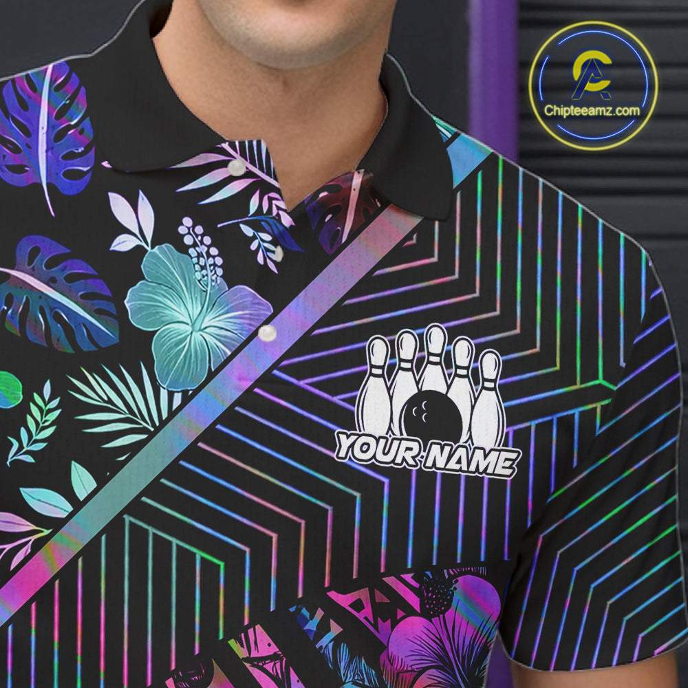 Holographic Rainbow Tribal Pattern Bowling Polo, 1/4 Zip Shirts For Men Custom Team Bowling Jersey NYN4403