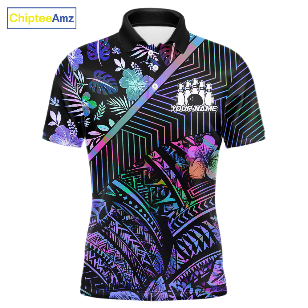 Holographic Rainbow Tribal Pattern Bowling Polo, 1/4 Zip Shirts For Men Custom Team Bowling Jersey NYN4403